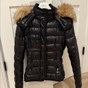 Moncler Women's Shiny Black Puffer Jacket with Tan Fur Hood